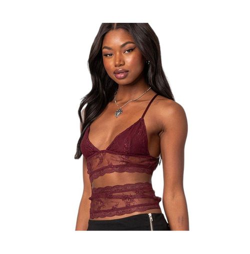 Women's Spice cut out sheer lace tank top - Burgundy