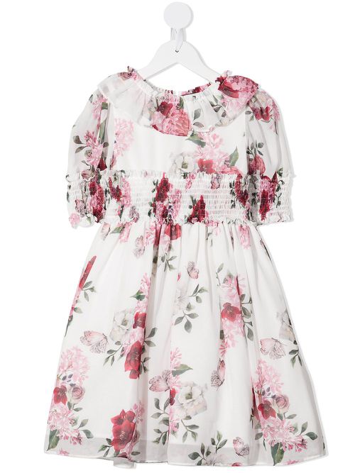 Floral-print shirred smock dress - White