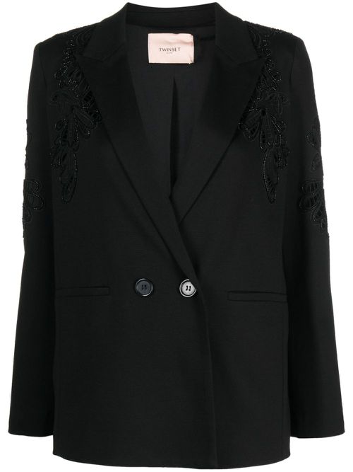 Floral-embroidered double-breasted blazer - Black