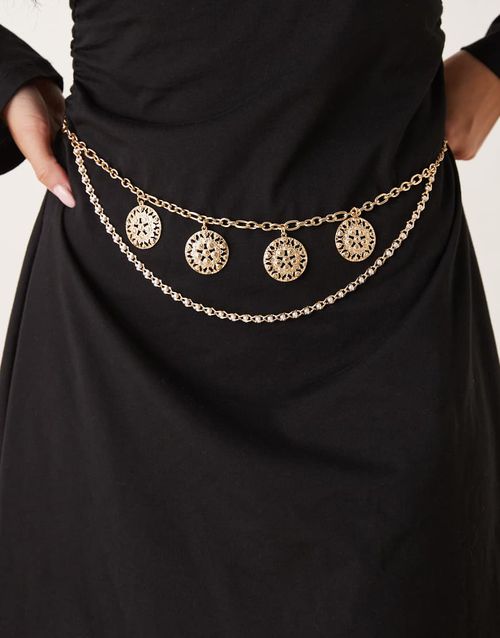 Waist and hip chain coin belt in gold