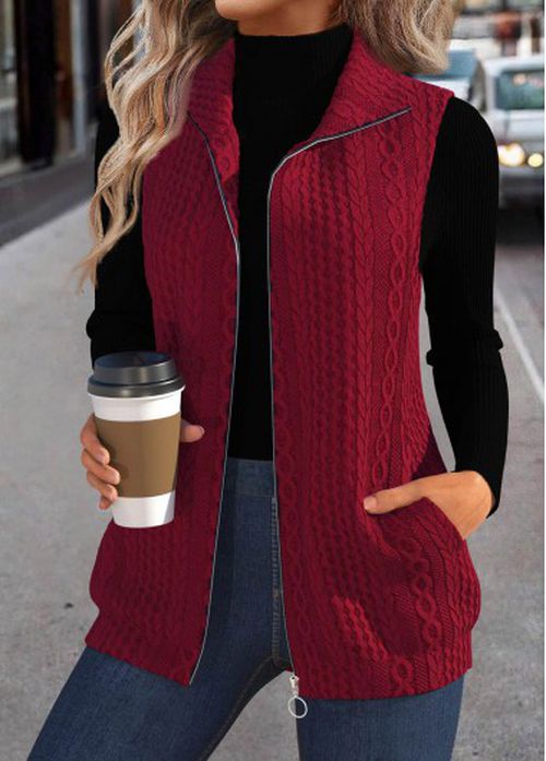 Modlily Wine Red Jacquard Sleeveless Stand Collar Waistcoat