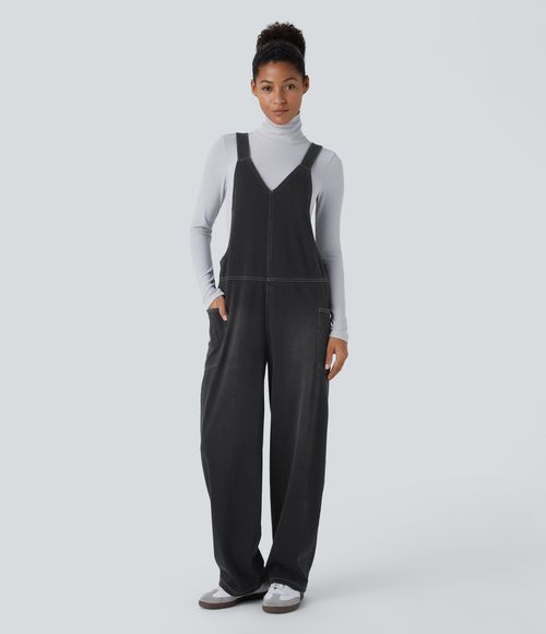 Flex™ V Neck Pocket Washed Denim Casual Overalls  - Dirty Grey Black Denim