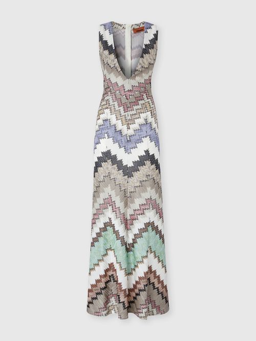 Missoni - Abito lungo in viscosa lamé con profonda scollatura a V, Donna, Verde& Marrone