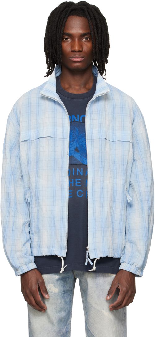 Blue High Neck Check Blouson Jacket