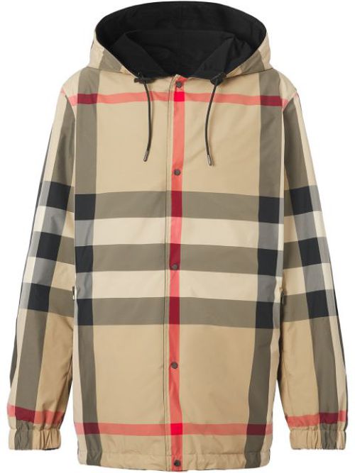 Reversible check hooded jacket