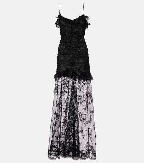 Bow-detail cotton-blend lace gown