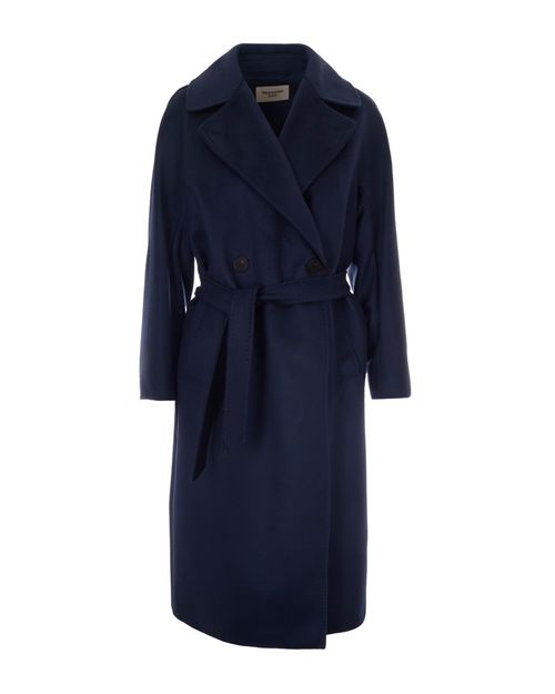Blue Solid Notched Lapel Trench Coat