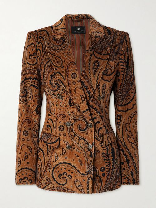 Double-breasted Paisley-print Cotton-blend Corduroy Blazer - Brown