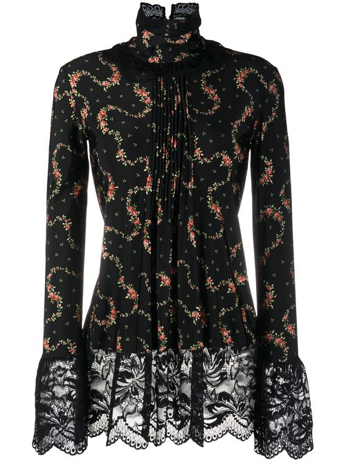 Lace-trimmed floral top - Black
