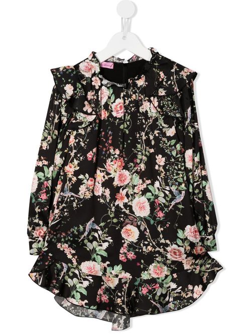 Floral-print ruffle-trim dress - Black