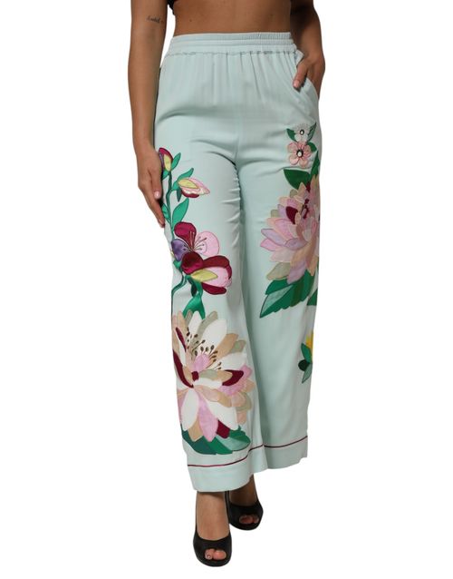 Floral-Embroidered Silk Pajama Trousers — Green