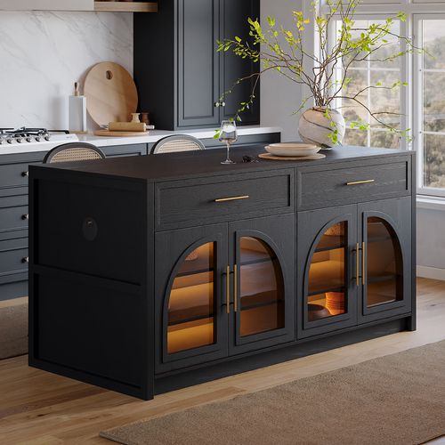 Arune 180 cm Modern Black Kitchen Island with Glass Doors, LED Light Strip， Ample Storage