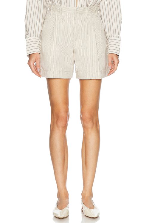 SPRWMN Pleated Trouser Short in Black & White Stripe - Beige.  XS also in L