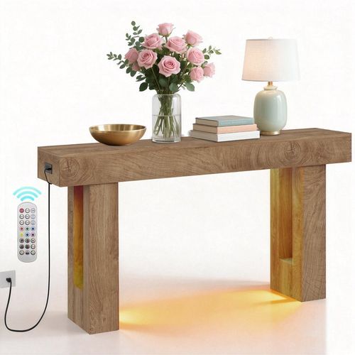 Garvee Versatile Console Table with LED detector Light & Power Outlet – 63" Modern Entryway Table – Thick Top – Open Storage – Living Room, Hallway, Foyer – Color: Mountain-patterned Sandalwood