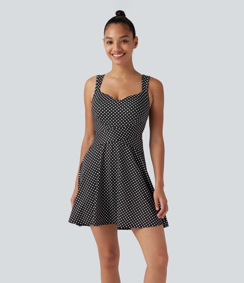 Built-in Bra 2-in-1 Polka Dot Mini Tennis Active Dress with Pockets-Easy Peezy Edition Workout Dress - Midnight Dots