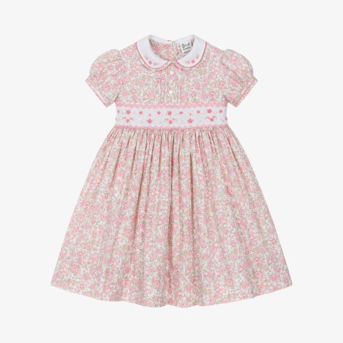 Sarah Louise Girls Pink Floral Cotton Hand-Smocked Dress