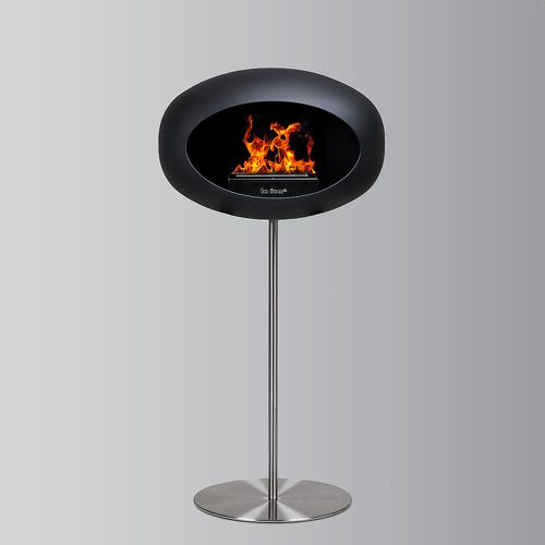 Black Ground Steel Bioethanol Fireplace - Le Feu - Freestanding Fire, Black Base Plate with Steel Silver Pole