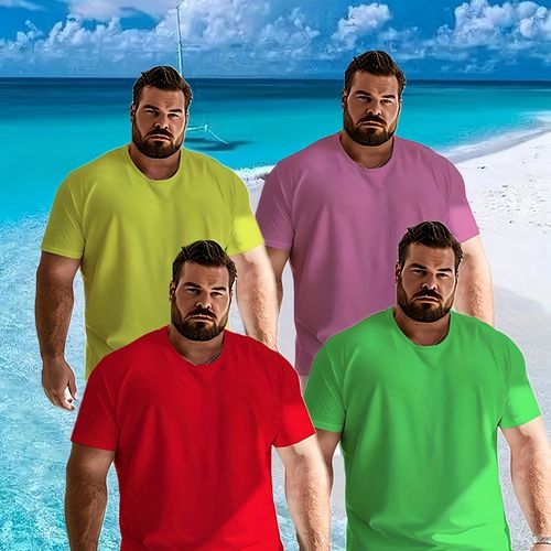 TEMU 4pcs Men's Oversized Big & Tall T-shirts - Breathable 100% Gym & Casual Tees , Red, Yellow, Pink | Plus Loose Fit Round Neck Short Sleeve