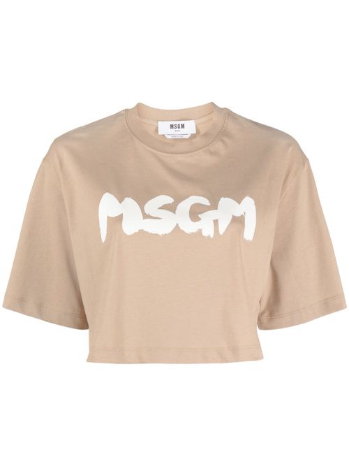 Cropped logo-print cotton T-shirt - Brown