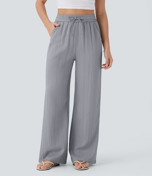 High Waisted Drawstring Pocket Wide Leg Casual Linen-Feel Pants  - Steel Gray
