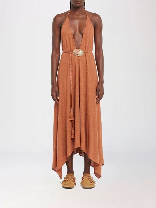 Mermaid Inside Linen Midi Dress with Halter Neck and Asymmetric Hem