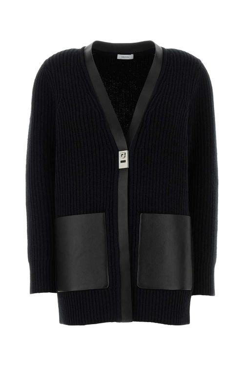 Wool with Leather Pocket Trim Cardigan — Black