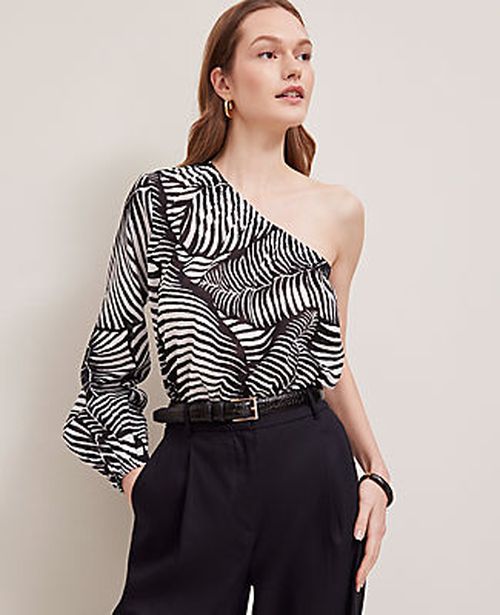 Ann Taylor Petite One-Shoulder Blouse in Palm Print