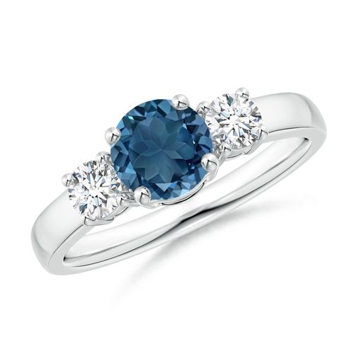 Angara 0.95 Carat Classic Round London Blue Topaz and Diamond Three Stone Engagement Ring in Silver
