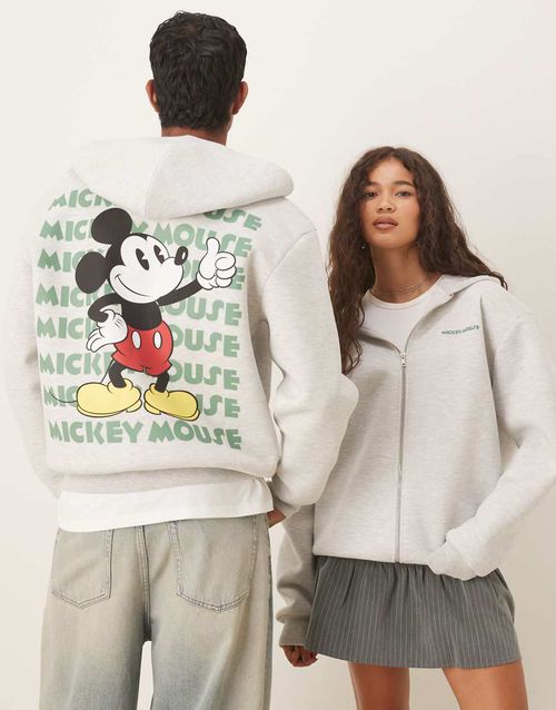 Unisex oversize Disney scuba-style fabric zip-up hoodie with Mickey Mouse print in grey