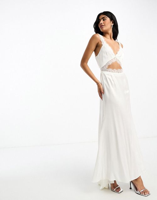 Bridal lace satin fishtail maxi dress in ivory-White