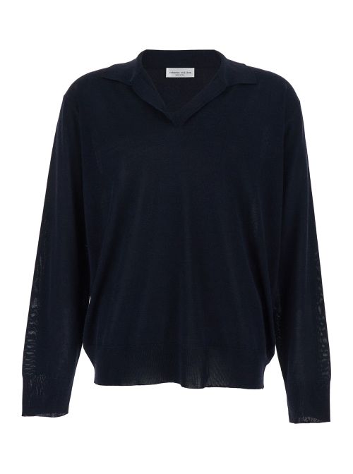 Cotton-Blend V-Neck Sweater — Blue
