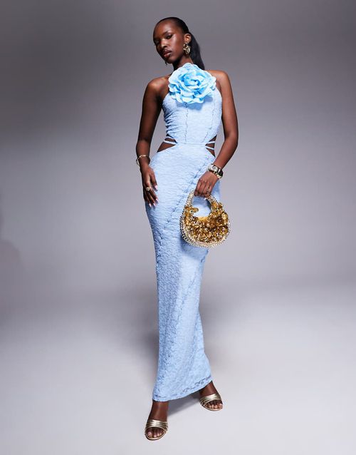 Corsage lace maxi dress in blue