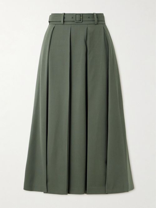 Belted Pleated Stretch-wool Twill Midi Skirt - Green