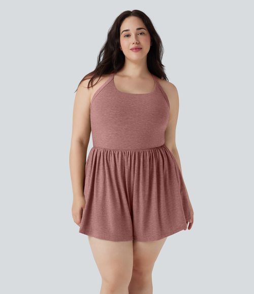 2-in-1 Plus Size Romper with Pockets-Easy Peezy Edition  - Brick Red Mix