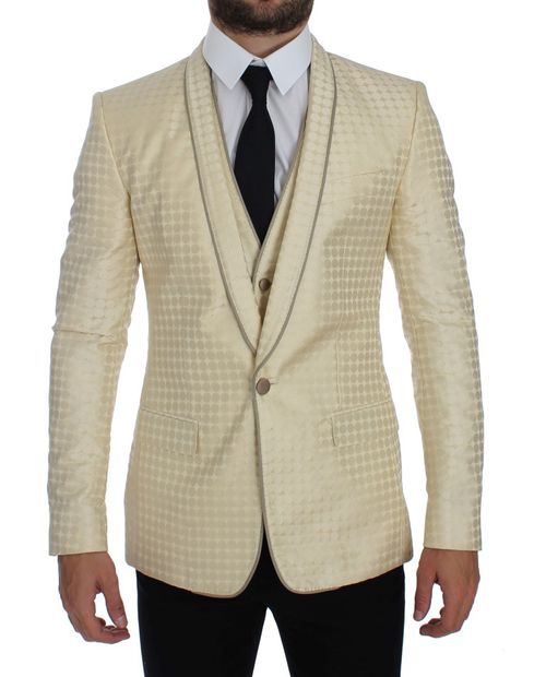 Dolce & Gabbana Beige Polka Dot Silk 2 Piece Men's Blazer