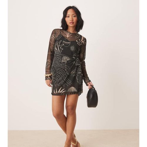 Never Fully Dressed Womens Petite mesh mini dress in black print