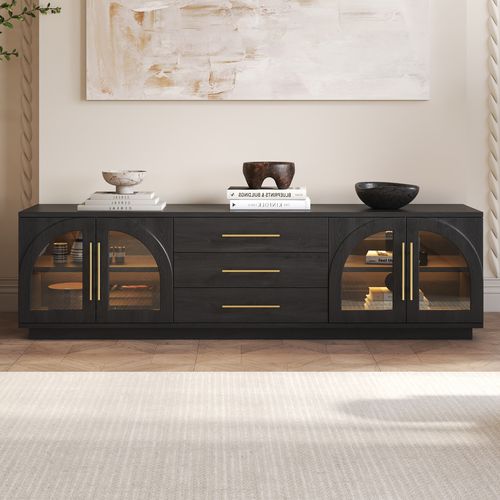 Mid Century Modern Black TV Stand with LED Lights and Arched Glass Cabinet Doors