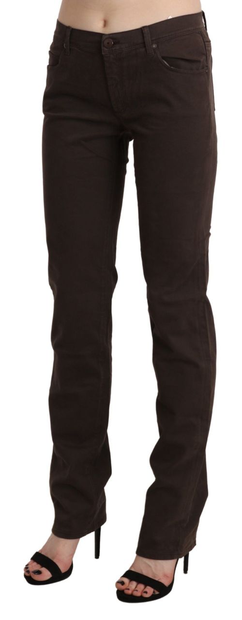 Mid-Waist Skinny Cotton Trousers — Brown