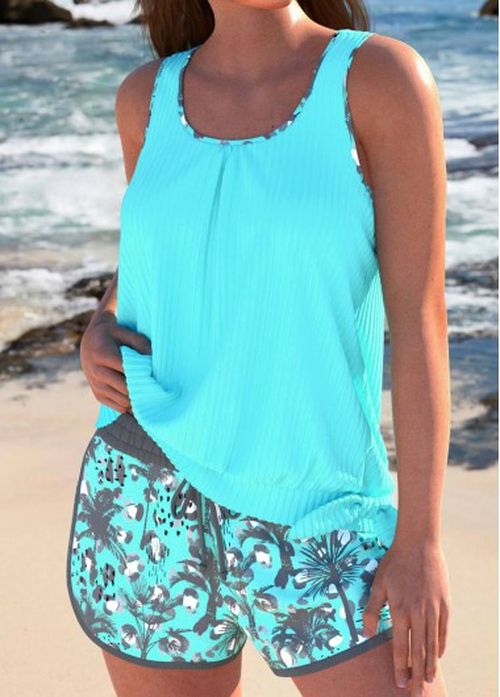 Modlily Bowknot Tropical Plants Print Grey Tankini Set