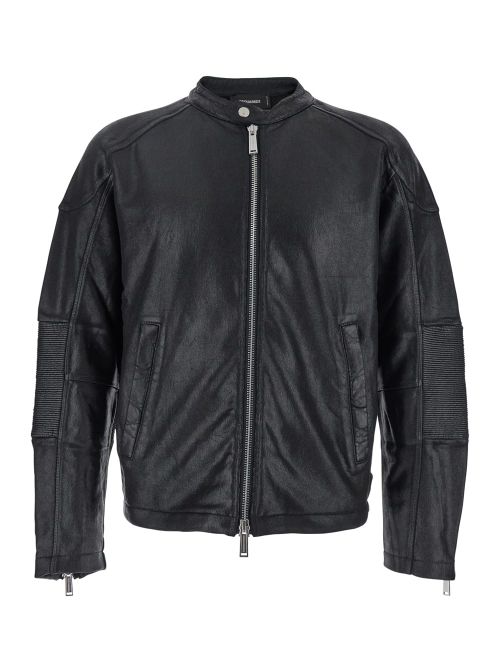 Black Biker Jacket With Zip Closure And Twinbro Logo Imprinted On The Back In Leather Man
