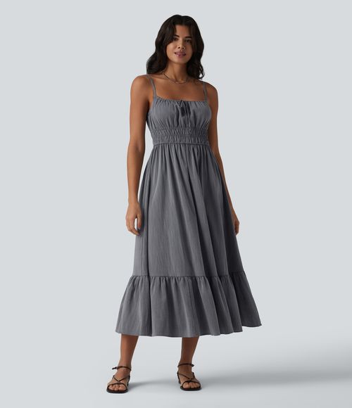 Tie Front Flowy Midi Casual Linen-Feel Slip Dress Casual Dress - Obsidian Weave