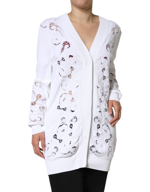 Dolce & Gabbana White Viscose Floral Cut Out Cardigan Women's Sweater Pre-Owned