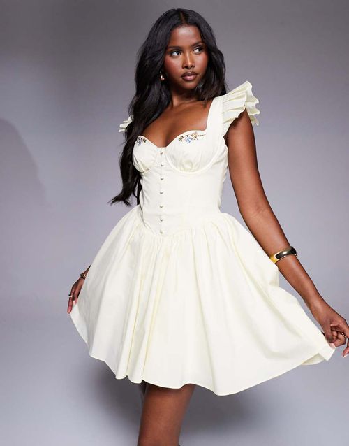 House of CB Sisi lemon cotton embroidered mini dress in lemon-Yellow