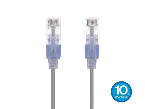 Cat6A 7ft Gray 10-Pk Patch Cable, UTP, 30AWG, 10G, Pure Bare Copper, Snagless RJ45, SlimRun Series Ethernet Cable