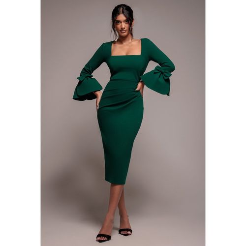 Goddiva Petal Bow Sleeve Frill Midi Dress - Emerald Green