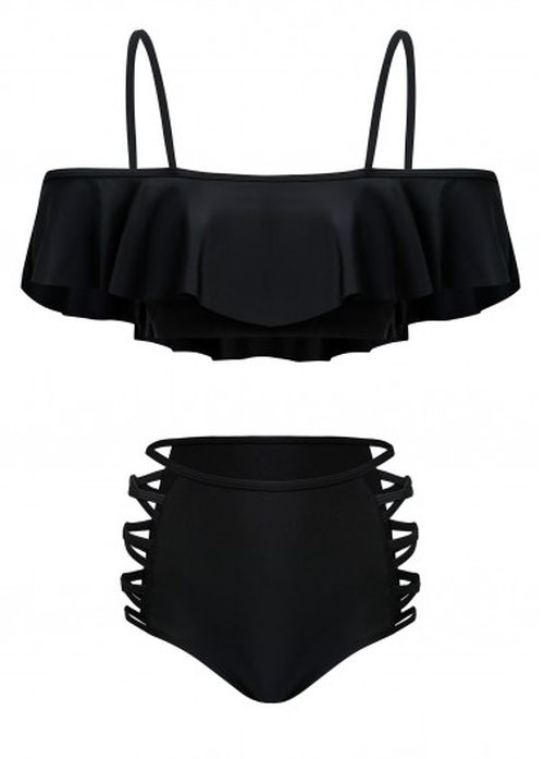 Modlily Mid Waist Black Flounce Lace Up Bikini Set
