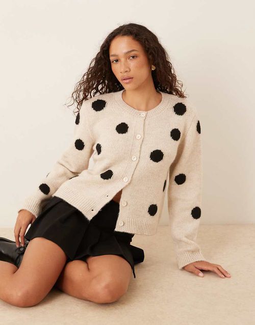 Knitted wool blend cardigan in polka dot-White