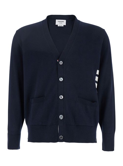 Blue V-neck Cardigan With 4-bar Detail In Cotton Man