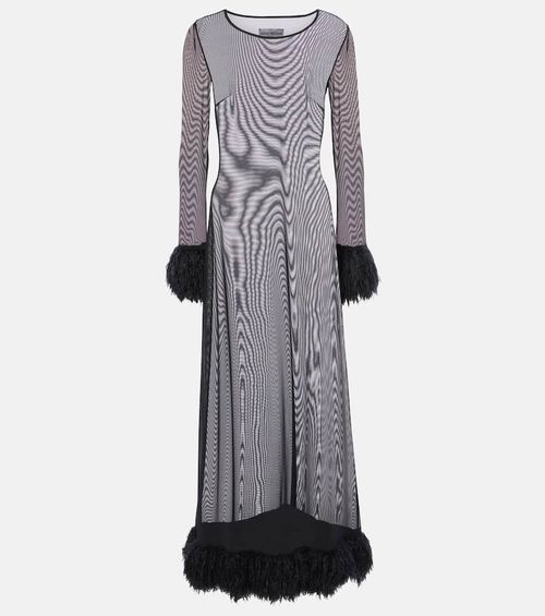 Faux feather-trimmed mesh maxi dress