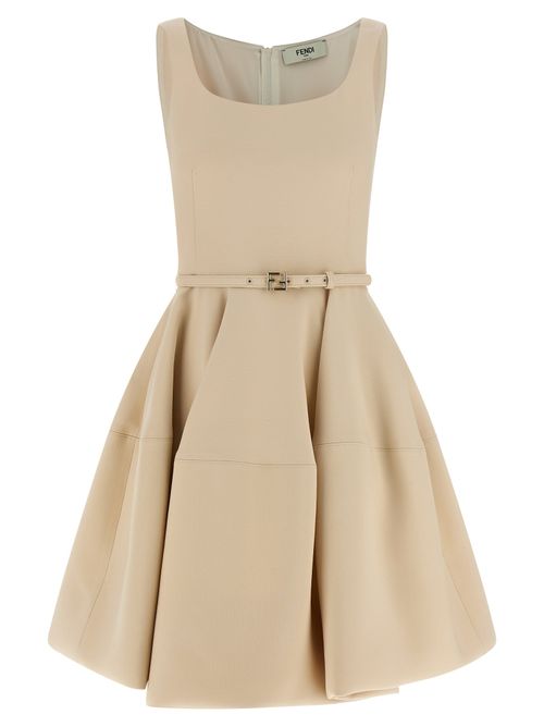 Wool-Silk Belted Dress — Beige